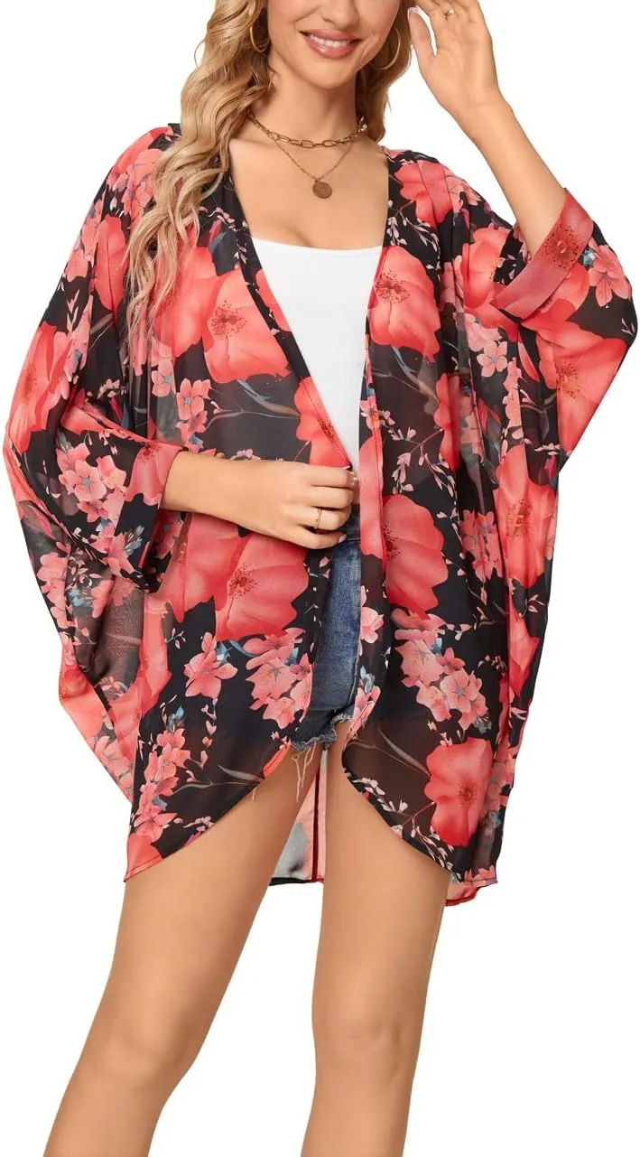 Tribear Women Chiffon Kimono Cardigan Floral Printed Bat Sleeve Casual Capes Beach Cover up