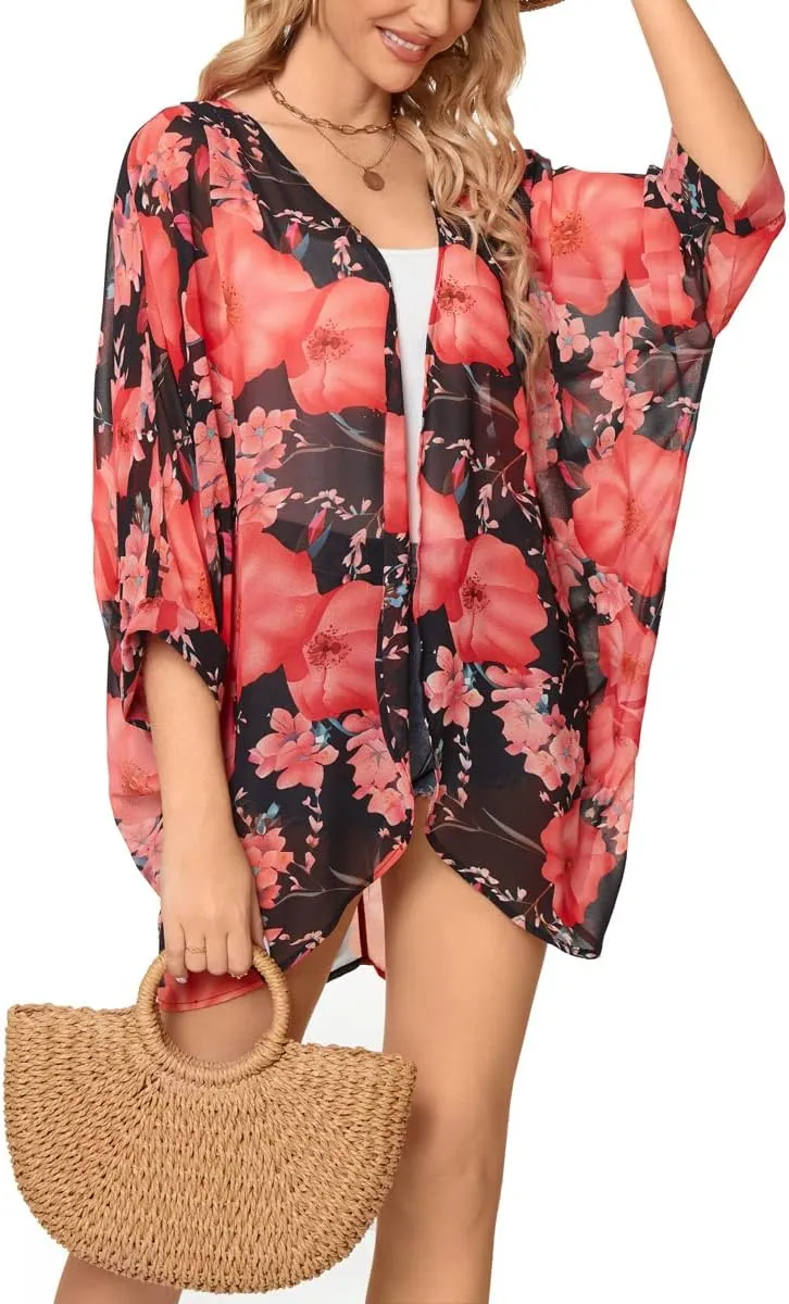 Tribear Women Chiffon Kimono Cardigan Floral Printed Bat Sleeve Casual Capes Beach Cover up