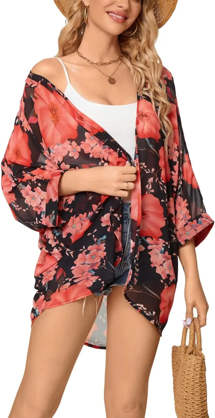 Tribear Women Chiffon Kimono Cardigan Floral Printed Bat Sleeve Casual Capes Beach Cover up