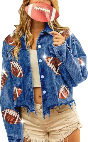 VAOYIU Women's Cropped Corduroy Jacket Rugby Sequin Washed Distressed Button Raw Hem Jacket Coat
