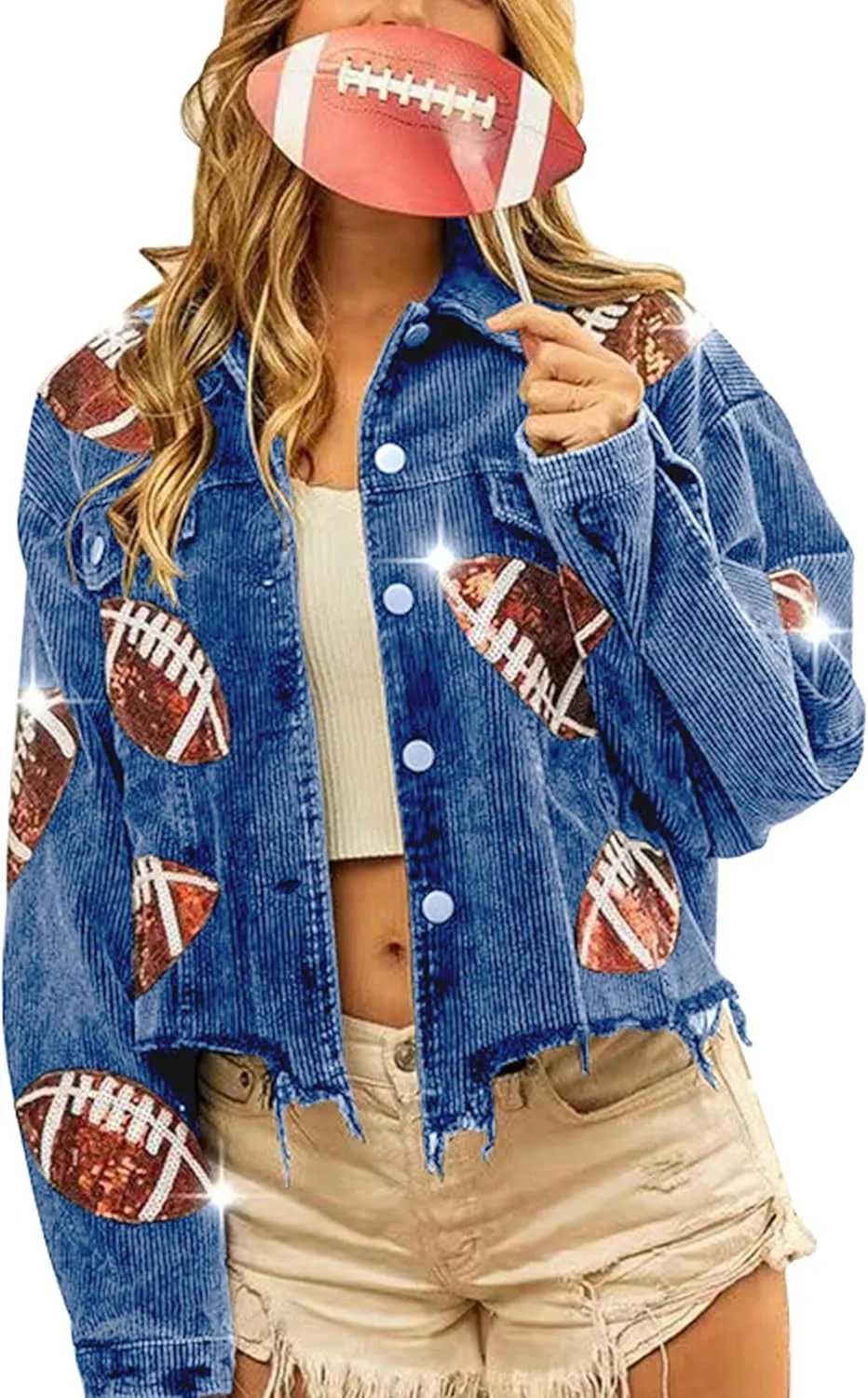 VAOYIU Women's Cropped Corduroy Jacket Rugby Sequin Washed Distressed Button Raw Hem Jacket Coat