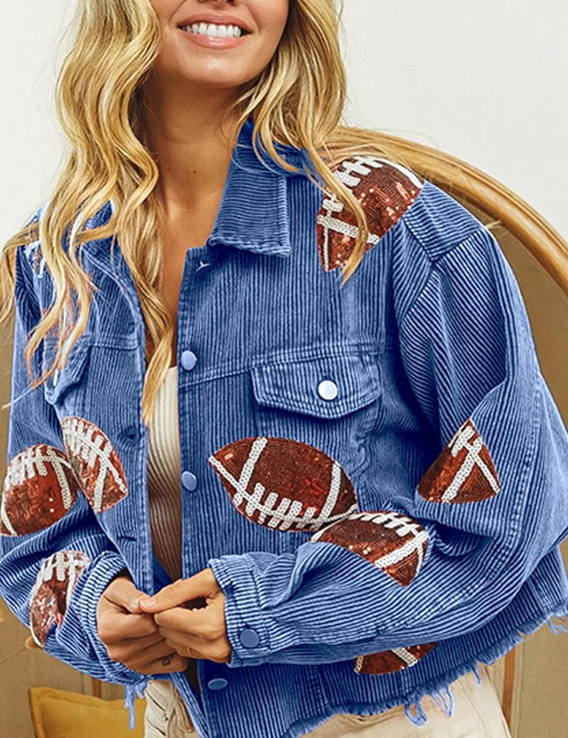 VAOYIU Women's Cropped Corduroy Jacket Rugby Sequin Washed Distressed Button Raw Hem Jacket Coat