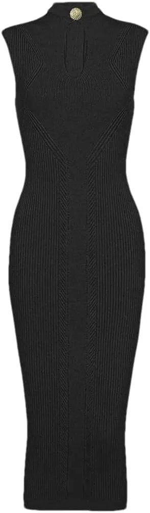 Vsadsau Women's Knitted Dress Slim Sleeveless Crewneck Hollow Slim Solid Color Midi Dresses