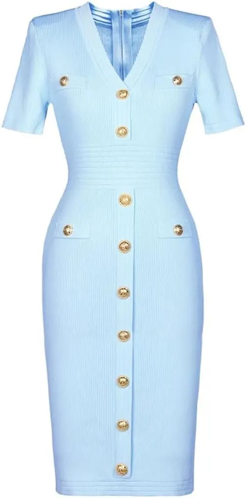Vsadsau Women's Knitted Dress V-Neck Buttons Short Sleeve Solid Casual Slim Fit Stretch Midi Dresses