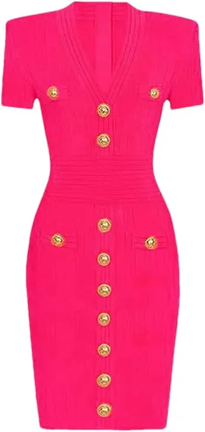 Vsadsau Women's Knitted Dress V-Neck Buttons Short Sleeve Solid Casual Slim Fit Stretch Midi Dresses