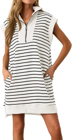 Wenrine Womens Striped Mini Dress Casual Zipper V Neck Cap Sleeve Collared Loose Summer Knit Dresses