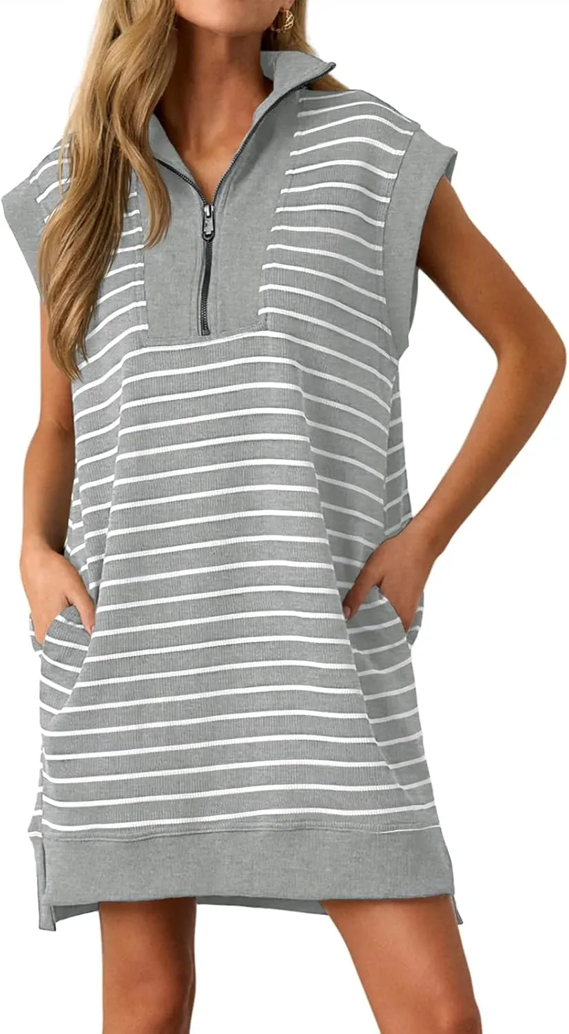 Wenrine Womens Striped Mini Dress Casual Zipper V Neck Cap Sleeve Collared Loose Summer Knit Dresses