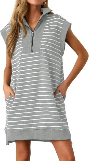 Wenrine Womens Striped Mini Dress Casual Zipper V Neck Cap Sleeve Collared Loose Summer Knit Dresses