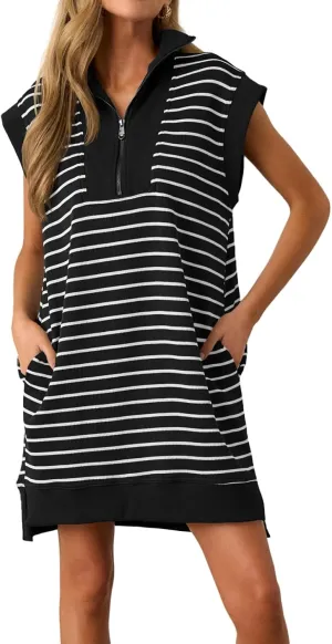 Wenrine Womens Striped Mini Dress Casual Zipper V Neck Cap Sleeve Collared Loose Summer Knit Dresses