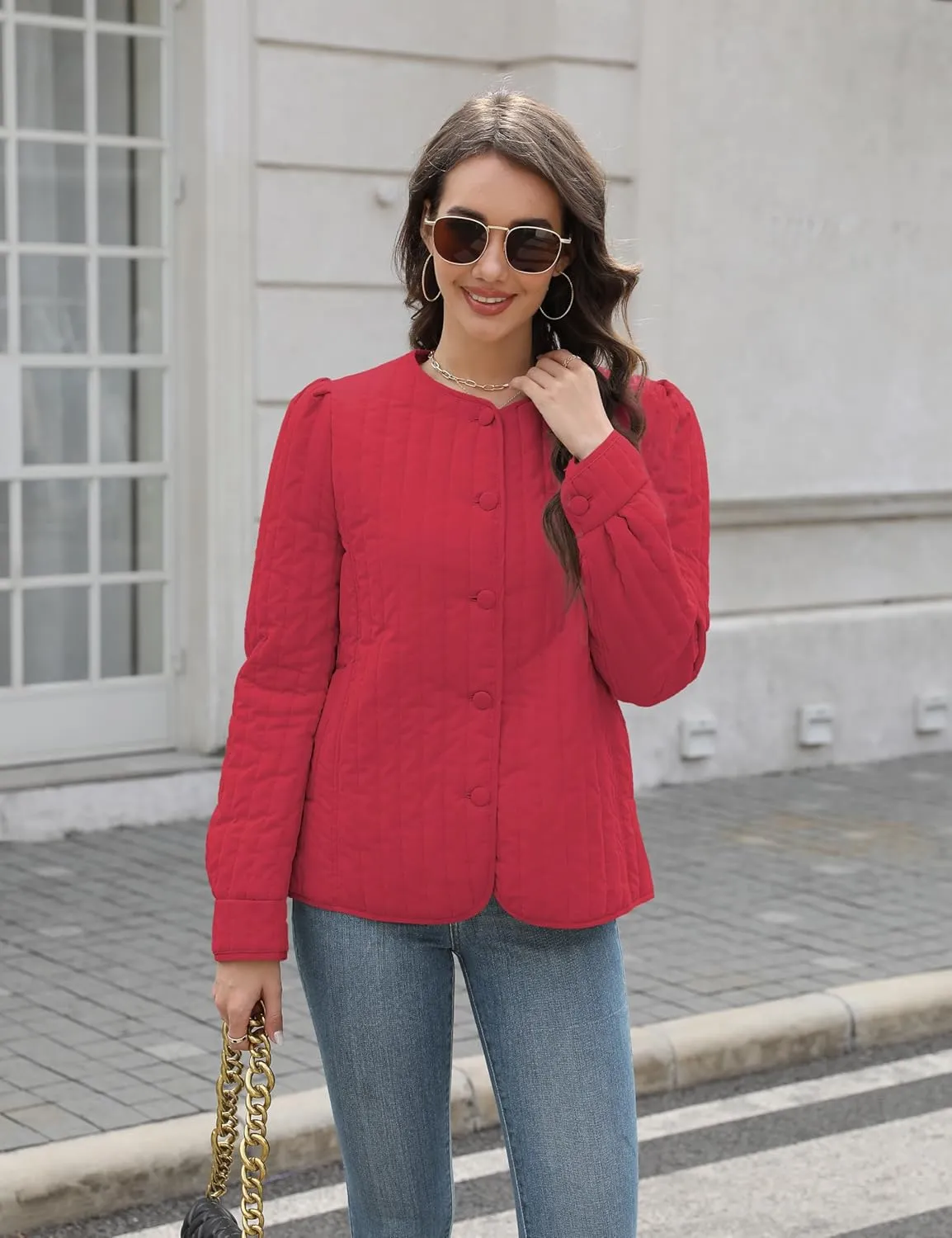 Women's Quilted Puffer Jackets Long Sleeve Button Down Outfits Cropped Lightweight Winter Coats
