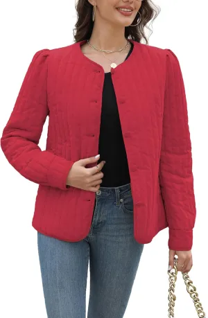 Women's Quilted Puffer Jackets Long Sleeve Button Down Outfits Cropped Lightweight Winter Coats