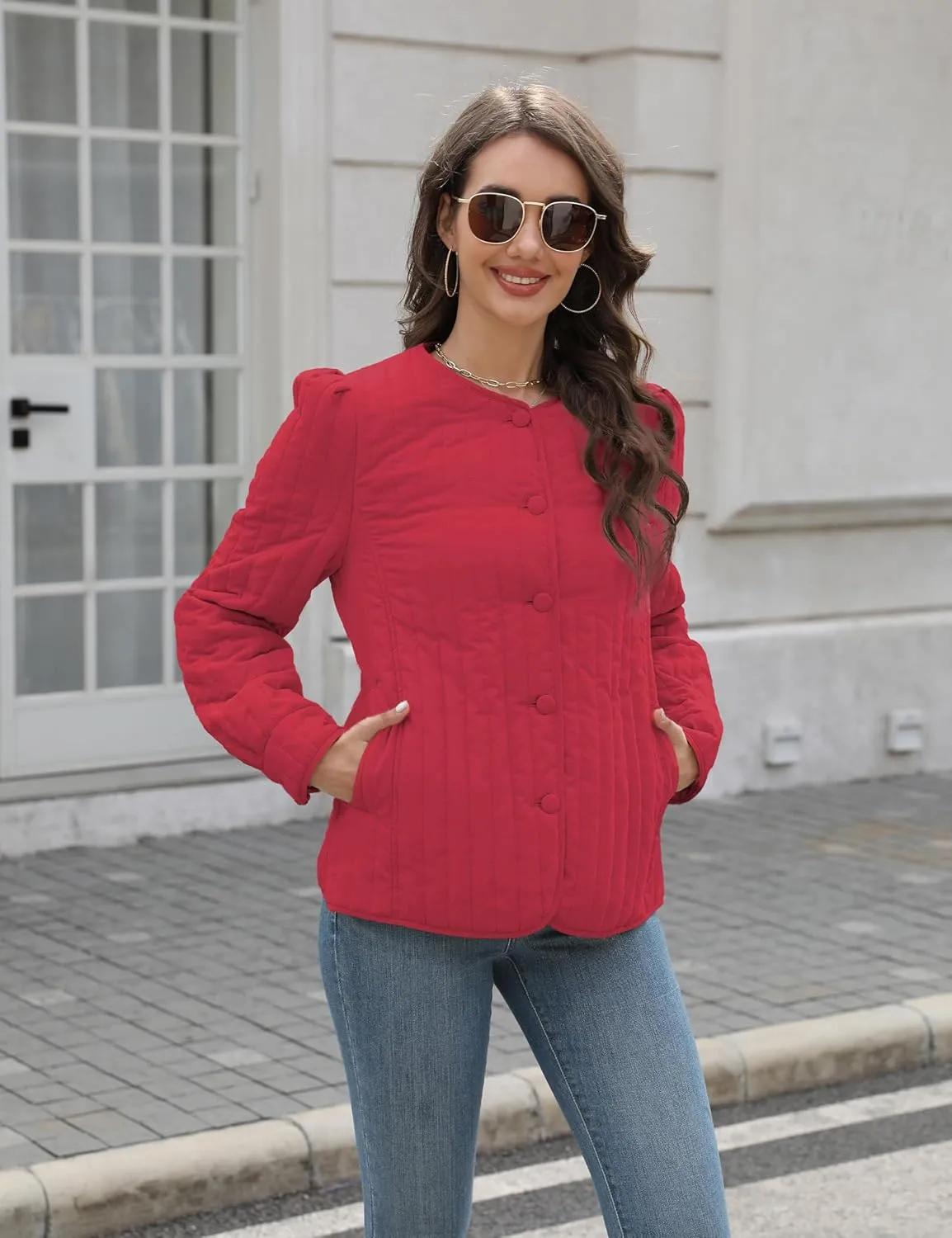 Women's Quilted Puffer Jackets Long Sleeve Button Down Outfits Cropped Lightweight Winter Coats