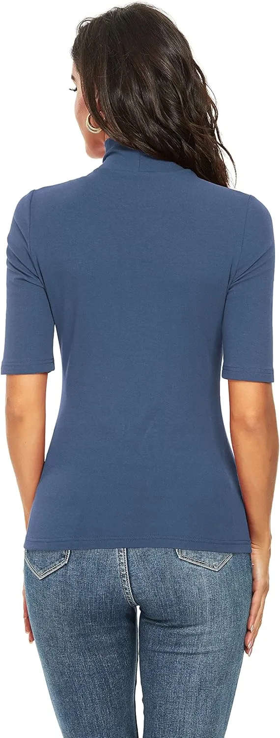 Womens Short Sleeve Mock Turtleneck Business Casual Tops Slim Fitted Plain Tee Shirts Size S-XL