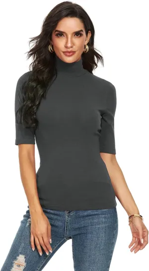 Womens Short Sleeve Mock Turtleneck Business Casual Tops Slim Fitted Plain Tee Shirts Size S-XL