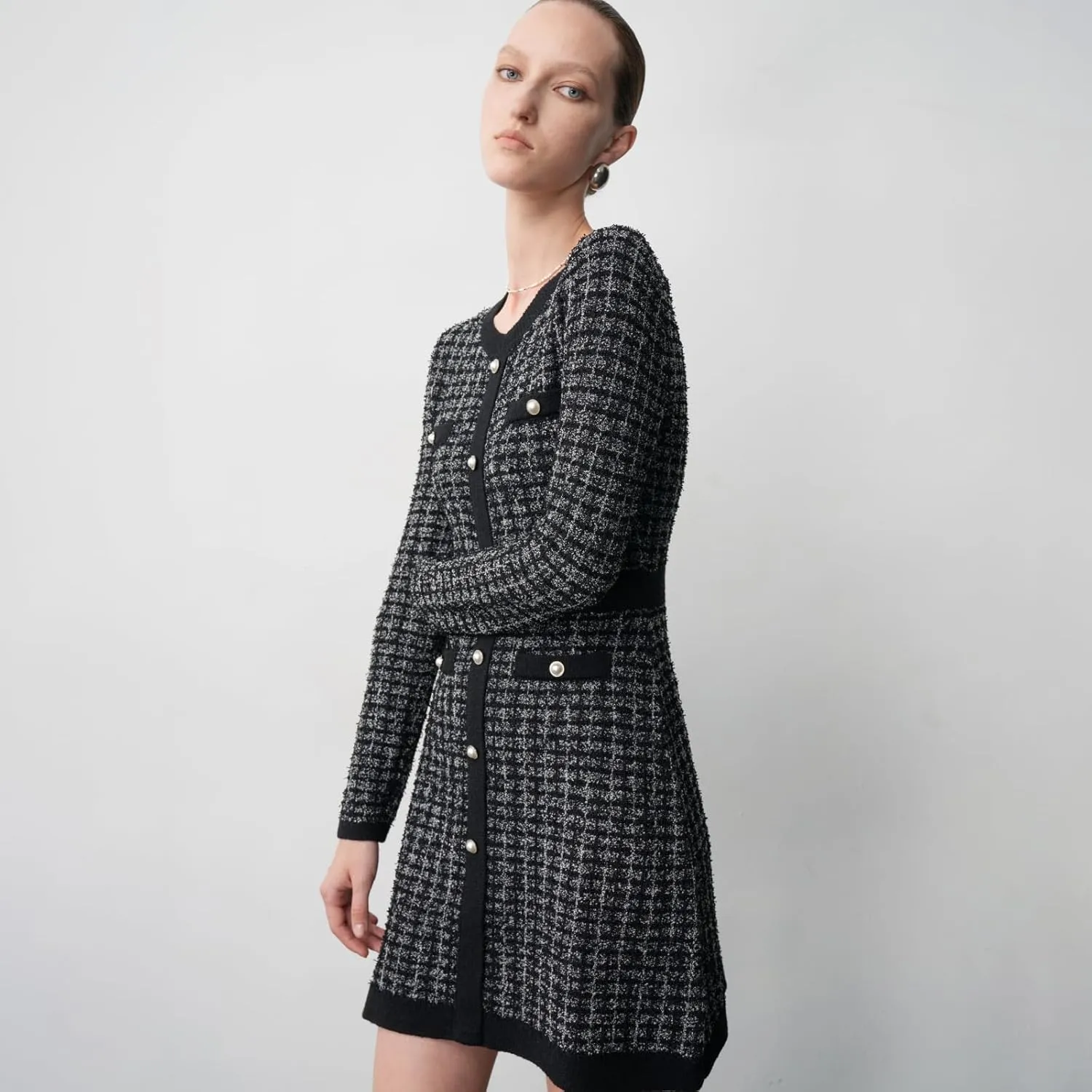 Women's Sweater Dress Long Sleeve Tweed Knitted Dress Pearl Button Crew Neck Mini Dresses Fall Winter