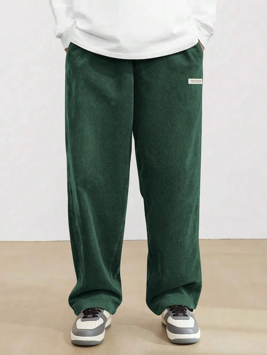ZAFUL Mens Corduroy Straight Leg Pants Long Solid Elastic Waist Casual Pants Loose Fit Going Out Pants with Pockets