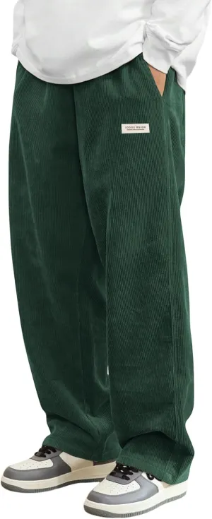 ZAFUL Mens Corduroy Straight Leg Pants Long Solid Elastic Waist Casual Pants Loose Fit Going Out Pants with Pockets